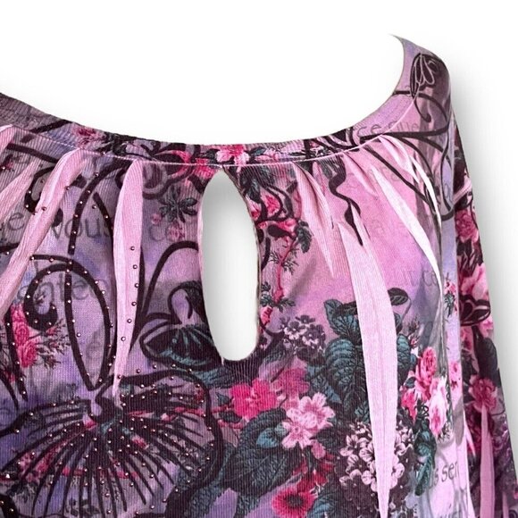 Tattoo Me Womens Top Plus Sz 2X Purple Ombre Floral Sublimation Jeweled USA Made - Picture 4 of 6